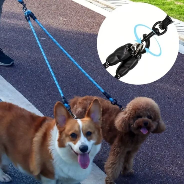 Retractable Reflective Dual Pet Leash Lead 360° Swivel Double Dog Walking Leash