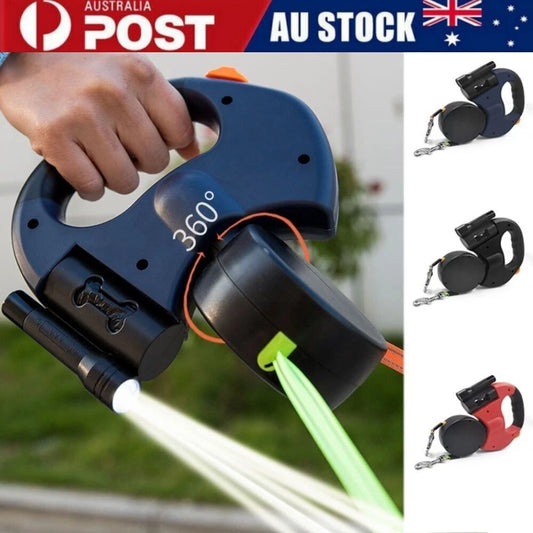 Retractable Reflective Dual Pet Leash Lead 360° Swivel Double Dog Walking Leash