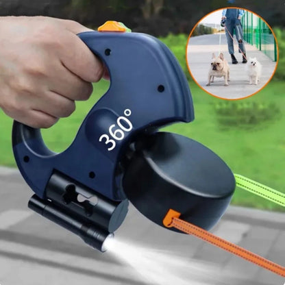 Retractable Reflective Dual Pet Leash Lead 360° Swivel Double Dog Walking Leash